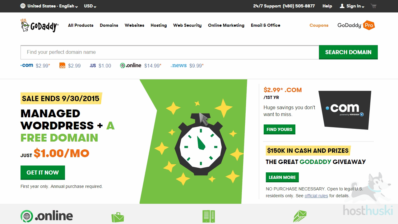 screenshot of the GoDaddy homepage from the HostHuski help center