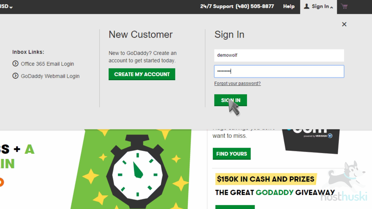 screenshot of the GoDaddy signin form from the HostHuski help center