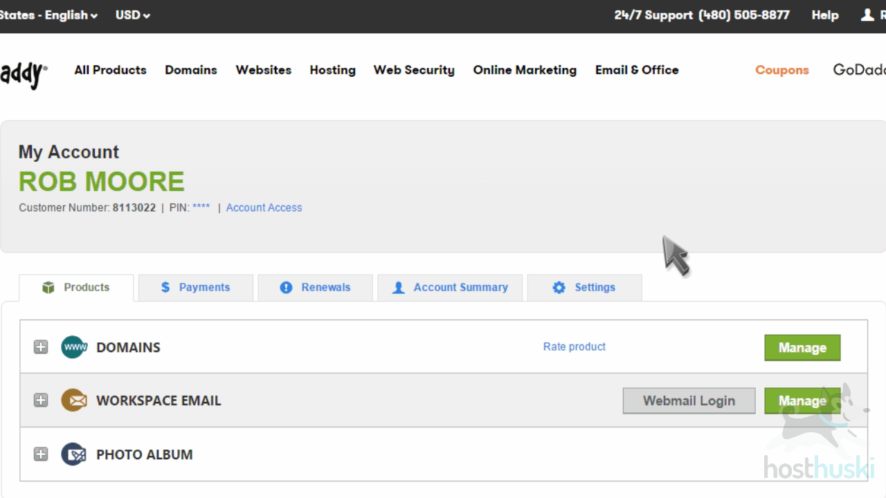 screenshot of GoDaddy dashboard from the HostHuski help center