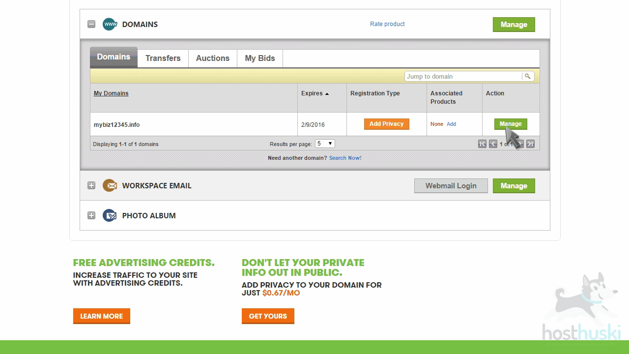 screenshot of GoDaddy domain management from the HostHuski help center