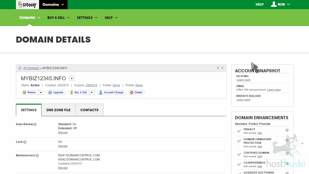 screenshot of GoDaddy domain details from the HostHuski help center