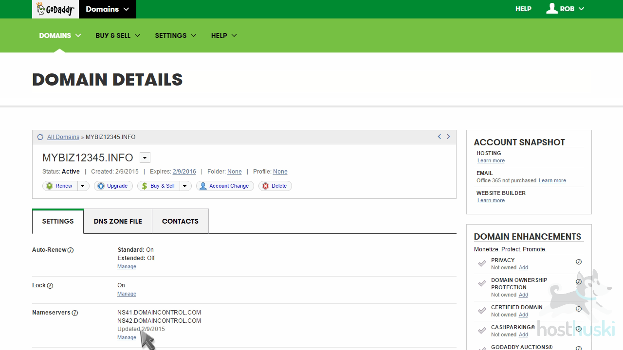 screenshot of GoDaddy domain management details from the HostHuski help center