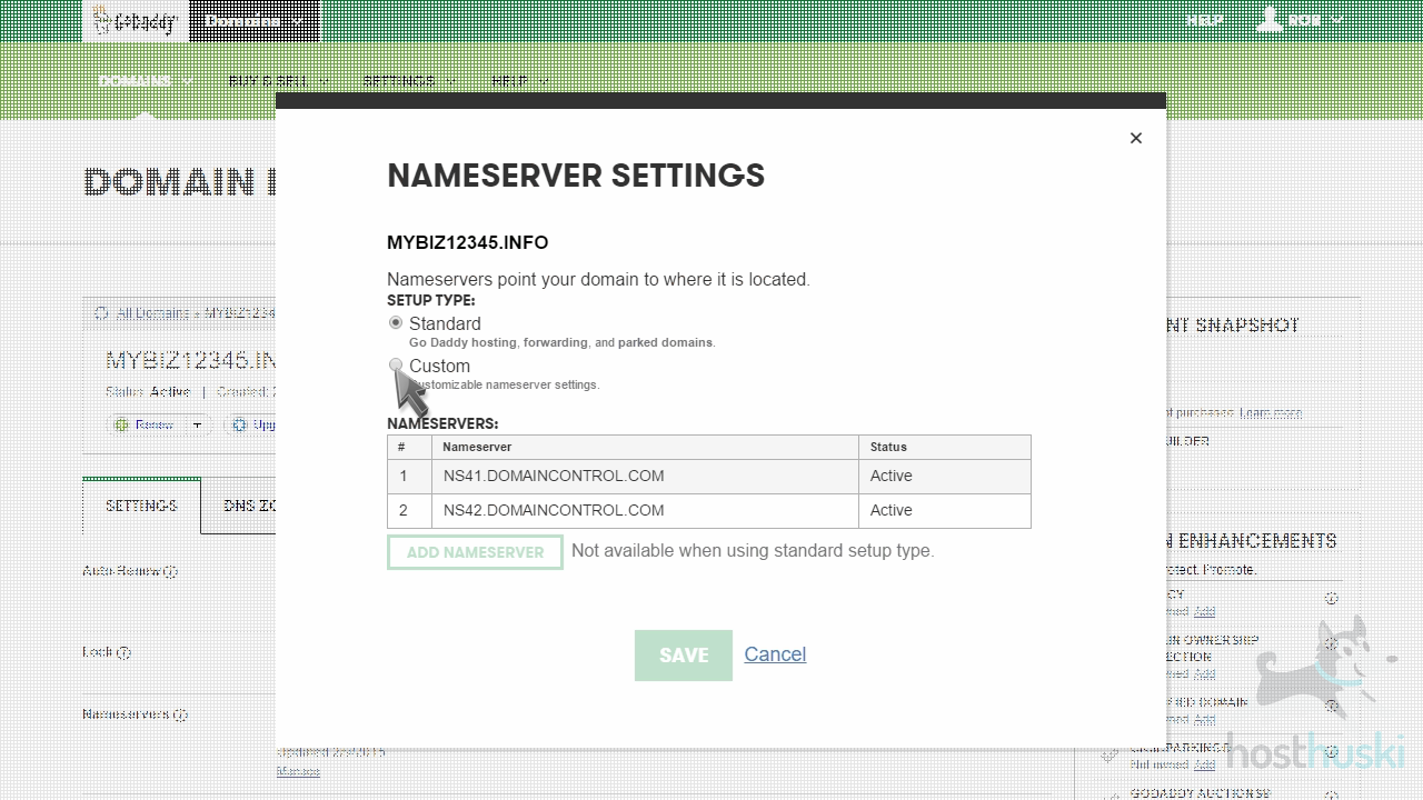 screenshot of GoDaddy domain nameserver settings from the HostHuski help center