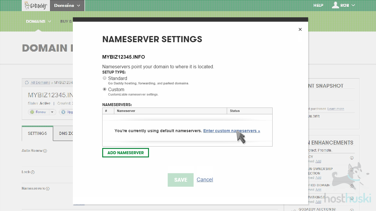 screenshot of GoDaddy custom nameserver settings from the HostHuski help center