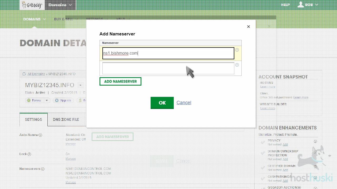 screenshot of GoDaddy add nameserver fields from the HostHuski help center