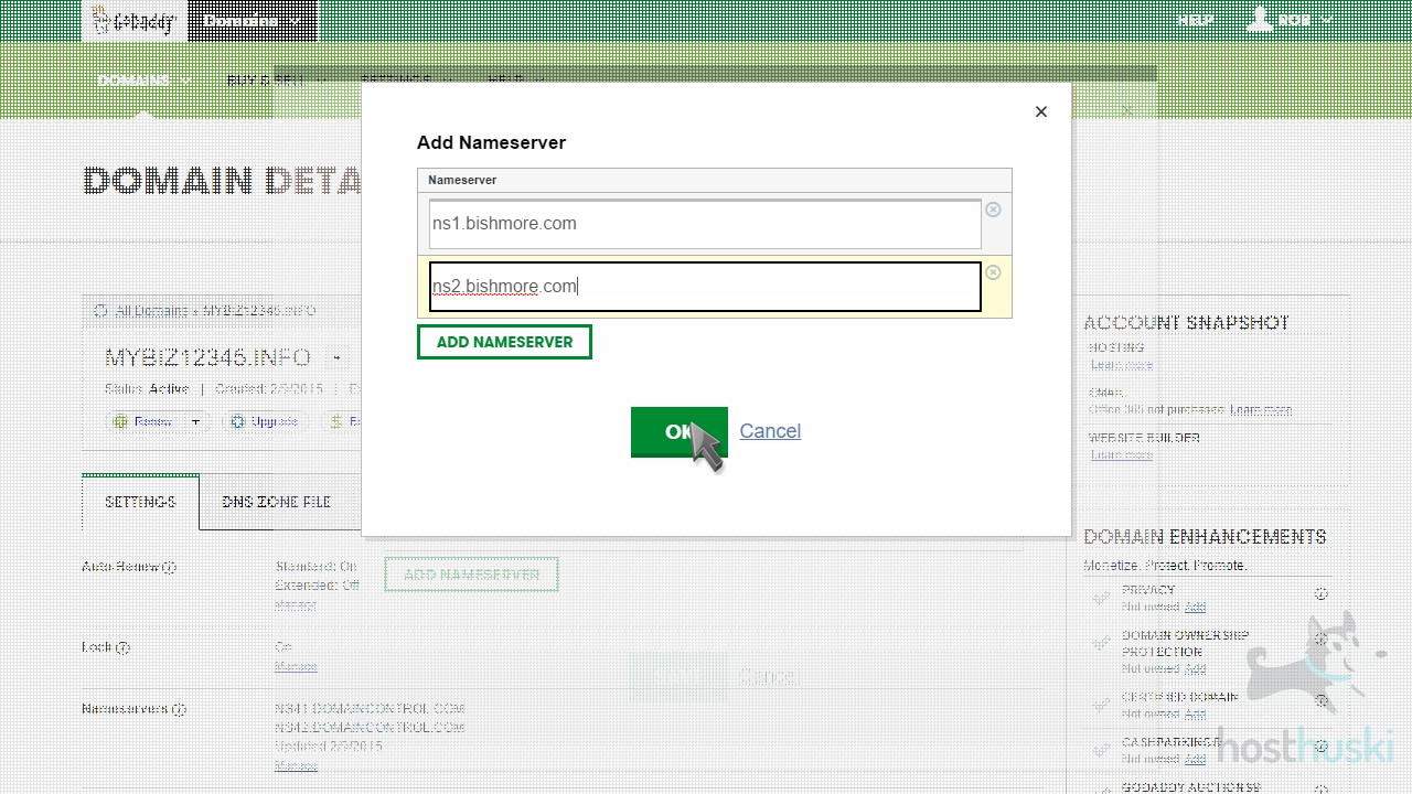 screenshot of GoDaddy custom nameserver fields from the HostHuski help center