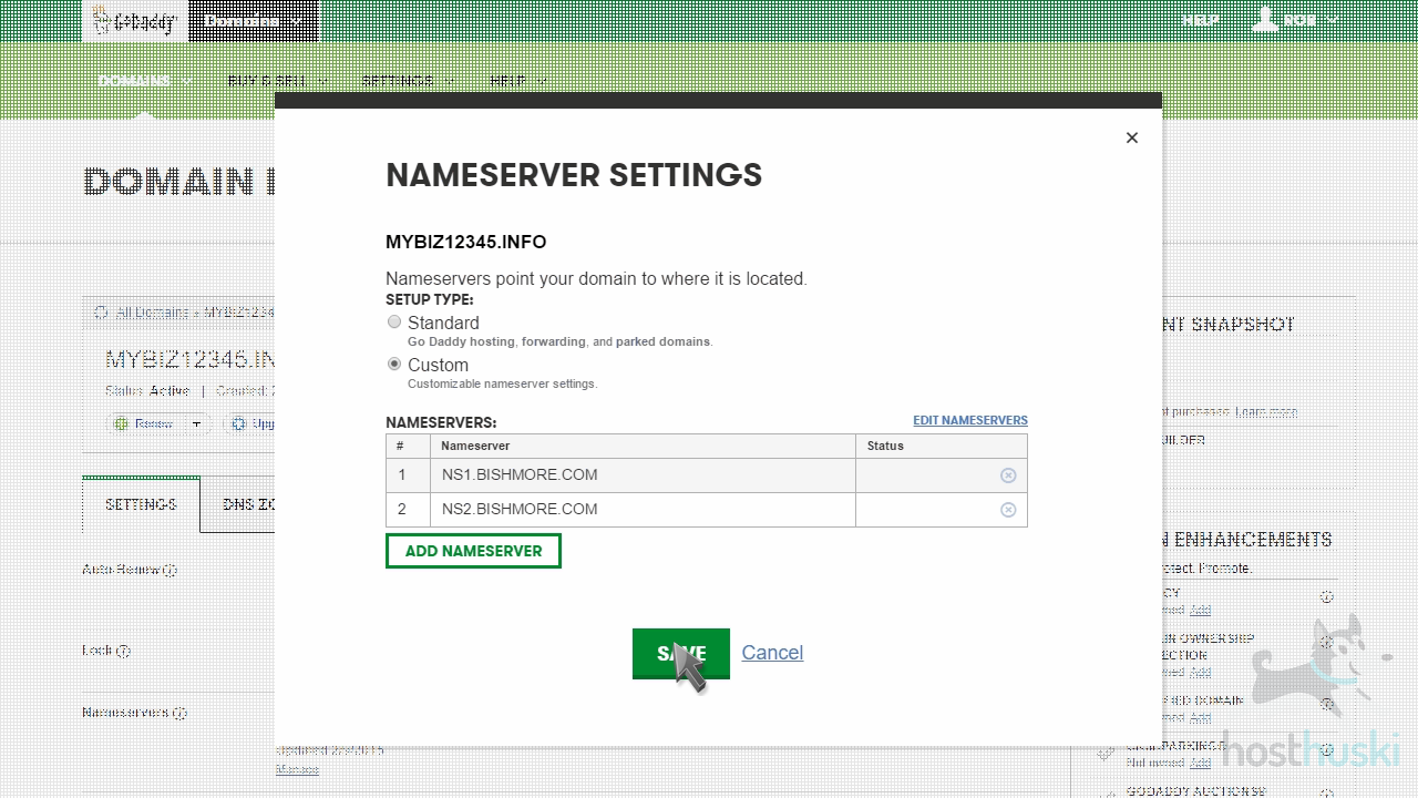 screenshot of GoDaddy custom nameserver settings from the HostHuski help center