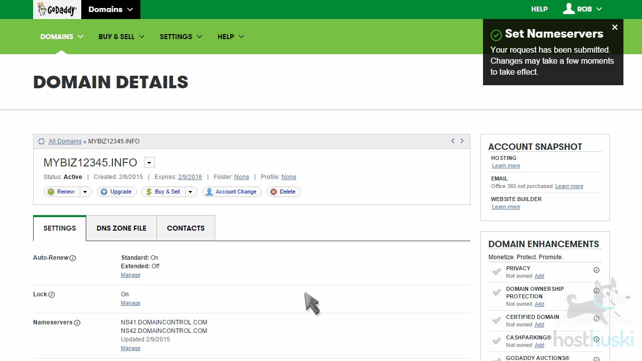 screenshot of GoDaddy nameserver confirmation from the HostHuski help center