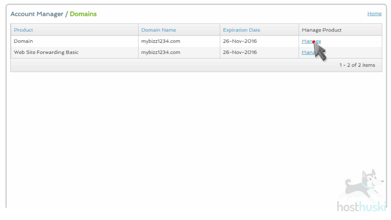 screenshot of Register domain management from the HostHuski help center