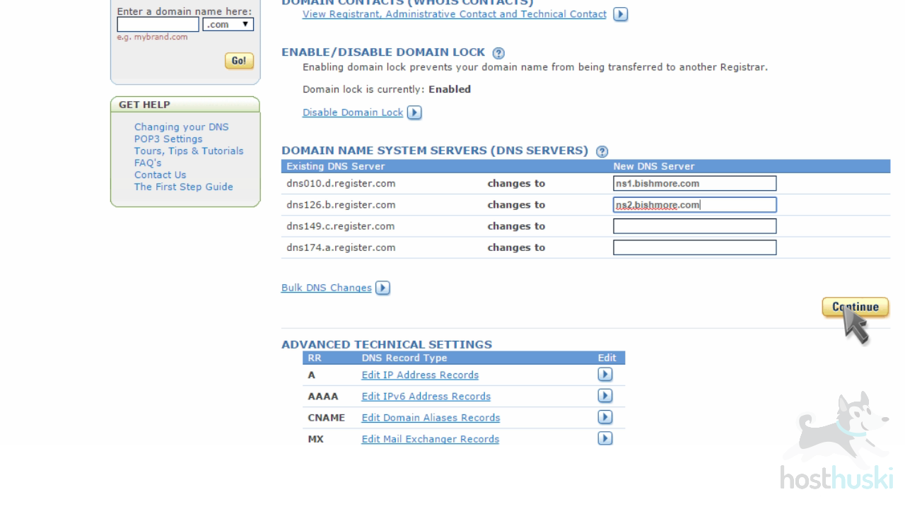 screenshot of Register domain nameserver management from the HostHuski help center